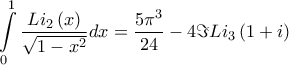\displaystyle{\int\limits_{0}^{1}{\frac{Li_{2}\left( x \right)}{\sqrt{1-x^{2}}}dx}=\frac{5\pi ^{3}}{24}-4\Im Li_{3}\left( 1+i \right)}