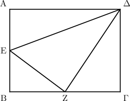 \begin{tikzpicture}[line cap=round,line join=round,>=triangle 45,x=1.0cm,y=1.0cm,scale=0.3] 
\clip(-2.844281602857562,-3.9235624109892906) rectangle (20.090066668633494,14.015690004991846); 
\draw [line width=1pt] (0.,12.)-- (0.,0.); 
\draw [line width=1pt] (0.,0.)-- (16.,0.); 
\draw [line width=1pt] (16.,0.)-- (16.,12.); 
\draw [line width=1pt] (16.,12.)-- (0.,12.); 
\draw [line width=1pt] (0.,6.)-- (8.,0.); 
\draw [line width=1pt] (8.,0.)-- (16.,12.); 
\draw [line width=1pt] (16.,12.)-- (0.,6.); 
\draw (0,12) node[anchor=south east] {A}; 
\draw (0,0) node[anchor=north east] {B}; 
\draw (16,0) node[anchor=north west] {\text{\gr Γ}}; 
\draw (16,12) node[anchor=south west] {\text{\gr Δ}}; 
\draw (0,6) node[anchor=east] {E}; 
\draw (8,0) node[anchor=north] {Z}; 
\draw [fill=white] (0.,12.) circle (1.5pt); 
\draw [fill= white] (0.,0.) circle (1.5pt); 
\draw [fill= white] (16.,0.) circle (1.5pt); 
\draw [fill= white] (16.,12.) circle (1.5pt); 
\draw [fill= white] (0.,6.) circle (1.5pt); 
\draw [fill= white] (8.,0.) circle (1.5pt); 
\end{tikzpicture}