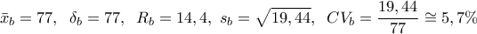 \displaystyle{{\bar x_b} = 77,\;\;{\delta _b} = 77,\;\;{R_b} = 14,4,\;{s_b} = \sqrt {19,44} ,\;\;C{V_b} = \frac{{19,44}}{{77}} \cong 5,7\% } \displaystyle{{\bar x_b} = 77,\;\;{\delta _b} = 77,\;\;{R_b} = 14,4,\;{s_b} = \sqrt {19,44} ,\;\;C{V_b} = \frac{{19,44}}{{77}} \cong 5,7\% }