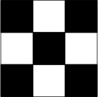 \begin{tikzpicture} 
\fill[fill=black,fill opacity=1.0] (0.,1.) -- (0.,0.) -- (1.,0.) -- (1.,1.) -- cycle; 
\fill[fill=black,fill opacity=1.0] (0.,3.) -- (0.,2.) -- (1.,2.) -- (1.,3.) -- cycle; 
\fill[fill=black,fill opacity=1.0] (2.,3.) -- (2.,2.) -- (3.,2.) -- (3.,3.) -- cycle; 
\fill[fill=black,fill opacity=1.0] (2.,1.) -- (2.,0.) -- (3.,0.) -- (3.,1.) -- cycle; 
\fill[fill=black,fill opacity=1.0] (1.,2.) -- (1.,1.) -- (2.,1.) -- (2.,2.) -- cycle; 
\draw (0.,0.)-- (0.,3.); 
\draw (0.,3.)-- (3.,3.); 
\draw (3.,3.)-- (3.,0.); 
\draw (3.,0.)-- (0.,0.); 
\draw (0.,1.)-- (3.,1.); 
\draw (0.,2.)-- (3.,2.); 
\draw (1.,3.)-- (1.,0.); 
\draw (2.,3.)-- (2.,0.); 
\draw (0.,1.)-- (0.,0.); 
\draw (0.,0.)-- (1.,0.); 
\draw (1.,0.)-- (1.,1.); 
\draw (1.,1.)-- (0.,1.); 
\draw (0.,3.)-- (0.,2.); 
\draw (0.,2.)-- (1.,2.); 
\draw (1.,2.)-- (1.,3.); 
\draw (1.,3.)-- (0.,3.); 
\draw (2.,3.)-- (2.,2.); 
\draw (2.,2.)-- (3.,2.); 
\draw (3.,2.)-- (3.,3.); 
\draw (3.,3.)-- (2.,3.); 
\draw (2.,1.)-- (2.,0.); 
\draw (2.,0.)-- (3.,0.); 
\draw (3.,0.)-- (3.,1.); 
\draw (3.,1.)-- (2.,1.); 
\draw (1.,2.)-- (1.,1.); 
\draw (1.,1.)-- (2.,1.); 
\draw (2.,1.)-- (2.,2.); 
\draw (2.,2.)-- (1.,2.); 
\end{tikzpicture}