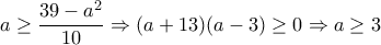 a\ge \dfrac{39-a^2}{10}\Rightarrow (a+13)(a-3)\ge 0\Rightarrow a\ge 3