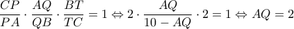 \displaystyle \frac{{CP}}{{PA}} \cdot \frac{{AQ}}{{QB}} \cdot \frac{{BT}}{{TC}} = 1 \Leftrightarrow 2 \cdot \frac{{AQ}}{{10 - AQ}} \cdot 2 = 1 \Leftrightarrow AQ = 2