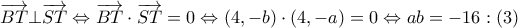 \overrightarrow{BT}\bot \overrightarrow{ST}\Leftrightarrow \overrightarrow{BT}\cdot \overrightarrow{ST}=0\Leftrightarrow \left( 4,-b \right)\cdot \left( 4,-a \right)=0\Leftrightarrow ab=-16:\left( 3 \right)