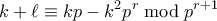 \displaystyle{ k+\ell \equiv kp - k^2p^r \bmod p^{r+1}}