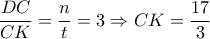 \dfrac{DC}{CK}= \dfrac{n}{t}=3   \Rightarrow CK= \dfrac{17}{3}   