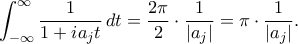 \displaystyle
\int_{-\infty}^{\infty} \frac{1}{1+ia_j t} \, dt = \frac{2\pi}{2} \cdot \frac{1}{|a_j|} = \pi \cdot \frac{1}{|a_j|}.
\displaystyle
\int_{-\infty}^{\infty} \frac{1}{1+ia_j t} \, dt = \frac{2\pi}{2} \cdot \frac{1}{|a_j|} = \pi \cdot \frac{1}{|a_j|}.