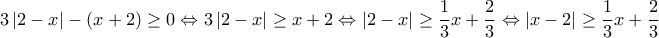 \displaystyle{3\left| 2-x \right|-\left( x+2 \right)\ge 0\Leftrightarrow 3\left| 2-x \right|\ge x+2\Leftrightarrow \left| 2-x \right|\ge \frac{1}{3}x+\frac{2}{3}\Leftrightarrow \left| x-2 \right|\ge \frac{1}{3}x+\frac{2}{3}}