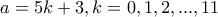 a=5k+3,k=0,1,2,...,11