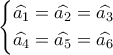 \left\{ \begin{gathered} 
  \widehat {{a_1}} = \widehat {{a_2}} = \widehat {{a_3}} \hfill \\ 
  \widehat {{a_4}} = \widehat {{a_5}} = \widehat {{a_6}} \hfill \\  
\end{gathered}  \right.
