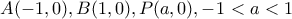 A(-1, 0), B(1, 0), P(a, 0), -1 < a <1