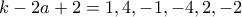 k-2a+2 = 1,4,-1,-4,2,-2 