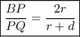 \boxed{\frac{{BP}}{{PQ}} = \frac{{2r}}{{r + d}}}