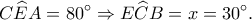 \displaystyle C\widehat EA = 80^\circ  \Rightarrow E\widehat CB = x = 30^\circ.