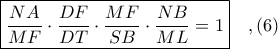 \boxed{\displaystyle \frac{NA}{MF}\cdot \frac{DF}{DT}\cdot \frac{MF}{SB}\cdot \frac{NB}{ML} = 1}\ \ \ ,(6)
