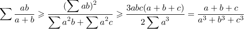 \displaystyle \sum \dfrac{ab}{a+b} \geqslant \dfrac{\displaystyle (\sum ab)^2}{\displaystyle \sum a^2b+\sum a^2c} \geqslant \dfrac{3abc(a+b+c)}{\displaystyle 2\sum a^3}=\dfrac{a+b+c}{a^3+b^3+c^3}