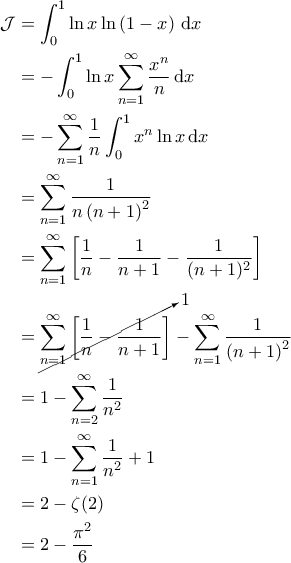 \displaystyle{\begin{aligned} 
\mathcal{J} &=  \int_{0}^{1} \ln x \ln \left ( 1-x \right ) \, \mathrm{d}x\\  
 &=-\int_{0}^{1} \ln x \sum_{n=1}^{\infty} \frac{x^n}{n} \, \mathrm{d}x \\  
 &=- \sum_{n=1}^{\infty} \frac{1}{n} \int_{0}^{1} x^n \ln x \, \mathrm{d}x \\  
 &=  \sum_{n=1}^{\infty} \frac{1}{n \left ( n+1 \right )^2} \\  
 &=\sum_{n=1}^{\infty} \left [ \frac{1}{n} - \frac{1}{n+1} - \frac{1}{(n+1)^2} \right ] \\  
 &= \cancelto{1}{\sum_{n=1}^{\infty} \left [ \frac{1}{n} - \frac{1}{n+1}  \right ]} - \sum_{n=1}^{\infty} \frac{1}{\left ( n+1 \right )^2} \\ 
 & = 1 - \sum_{n=2}^{\infty} \frac{1}{n^2} \\ 
 & = 1 - \sum_{n=1}^{\infty} \frac{1}{n^2} + 1 \\ 
 & = 2 - \zeta(2) \\ 
 & = 2 - \frac{\pi^2}{6} 
\end{aligned} }