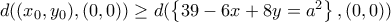 d((x_{0},y_{0}),(0,0))\ge d(\left\{ 39-6x+8y=a^2 \right\},(0,0))