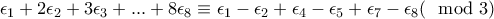 \displaystyle{\epsilon_1 + 2\epsilon_2 + 3\epsilon_3 +...+ 8\epsilon_8}\equiv \epsilon _1-\epsilon_ 2+\epsilon _4-\epsilon _5+\epsilon _7-\epsilon _8(\mod3)