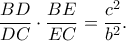 \displaystyle \frac{{BD}}{{DC}} \cdot \frac{{BE}}{{EC}} = \frac{{{c^2}}}{{{b^2}}}.