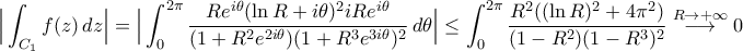 \displaystyle{\Big|\int_{C_{1}}f(z)\,dz\Big|=\Big|\int_{0}^{2\pi}\frac{Re^{i\theta}(\ln R+i\theta)^2iRe^{i\theta}}{(1+R^2e^{2i\theta})(1+R^3e^{3i\theta})^2}\,d\theta\Big|\leq\int_{0}^{2\pi}\frac{R^2((\ln R)^2+4\pi^2)}{(1-R^2)(1-R^3)^2}\stackrel{R\to+\infty}{\longrightarrow}0}