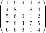 \displaystyle{\left( {\begin{array}{*{20}{c}} 
1&9&6&0&8\\ 
4&8&1&8&4\\ 
5&6&0&1&2\\ 
7&8&3&7&5\\ 
6&6&6&1&4 
\end{array}} \right)}
