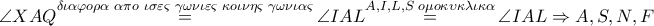 \angle XAQ\overset{\delta \iota \alpha \varphi o\rho \alpha \,\,\alpha \pi o\,\,\iota \sigma \varepsilon \varsigma \,\,\gamma \omega \nu \iota \varepsilon \varsigma \,\,\kappa o\iota \nu \eta \varsigma \,\,\gamma \omega \nu \iota \alpha \varsigma }{\mathop{=}}\,\angle IAL\overset{A,I,L,S\,\,o\mu o\kappa \upsilon \kappa \lambda \iota \kappa \alpha }{\mathop{=}}\,\angle IAL\Rightarrow A,S,N,F