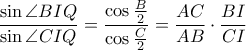  \displaystyle \frac{\sin \angle BIQ}{\sin \angle CIQ}=\frac{\cos \frac{B}{2}}{\cos \frac{C}{2}}=\frac{AC}{AB}\cdot \frac{BI}{CI}