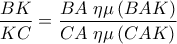 \displaystyle  
\frac{{BK}}{{KC}} = \frac{{BA\;\eta \mu \left( {BAK} \right)}}{{CA\;\eta \mu \left( {CAK} \right)}}