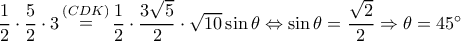 \dfrac{1}{2} \cdot \dfrac{5}{2} \cdot 3\mathop  = \limits^{(CDK)} \dfrac{1}{2} \cdot \dfrac{{3\sqrt 5 }}{2} \cdot \sqrt {10} \sin \theta  \Leftrightarrow \sin \theta  = \dfrac{{\sqrt 2 }}{2} \Rightarrow \theta  = {45^ \circ }