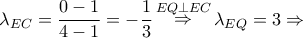 {\lambda _{EC}} = \dfrac{{0 - 1}}{{4 - 1}} =  - \dfrac{1}{3}\mathop  \Rightarrow \limits^{EQ \bot EC} {\lambda _{EQ}} = 3 \Rightarrow