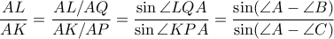 \dfrac{AL}{AK}=\dfrac{AL/AQ}{AK/AP}=\dfrac{\sin \angle LQA}{\sin \angle KPA}=\dfrac{\sin (\angle A-\angle B)}{\sin(\angle A-\angle C)}