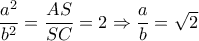  \dfrac{a^2}{b^2}= \dfrac{AS}{SC}=2 \Rightarrow  \dfrac{a}{b}= \sqrt{2}    