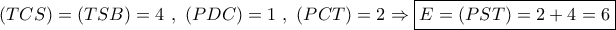 \left( {TCS} \right) = \left( {TSB} \right) = 4\,\,,\,\,\left( {PDC} \right) = 1\,\,,\,\,\left( {PCT} \right) = 2 \Rightarrow \boxed{E = \left( {PST} \right) = 2 + 4 = 6}