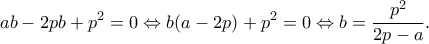\displaystyle  
ab - 2pb + p^2 = 0  \Leftrightarrow b(a-2p) + p^2 = 0 \Leftrightarrow b = \frac{p^2}{2p - a}. 
