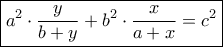 \boxed{{a^2} \cdot \frac{y}{{b + y}} + {b^2} \cdot \frac{x}{{a + x}} = {c^2}}
