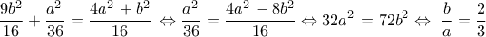 \displaystyle{ 
\frac{{9b^2 }}{{16}} + \frac{{a^{2\,} }}{{36}} = \frac{{4a^{2\,}  + b^2 }}{{16}}\, \Leftrightarrow \frac{{a^{2\,} }}{{36}} = \frac{{4a^{2\,}  - 8b^2 }}{{16}} \Leftrightarrow 32a^{2\,}  = 72b^2  \Leftrightarrow \,\,\frac{b}{a} = \frac{2}{3}\, 
}