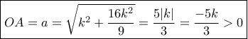 \boxed{OA = a = \sqrt {{k^2} + \dfrac{{16{k^2}}}{9}}  = \dfrac{{5|k|}}{3} = \dfrac{{ - 5k}}{3} > 0}