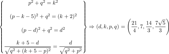 \displaystyle {
\begin{Bmatrix}
p^2 + q^2 = k^2
\\\\
(p-k-5)^2 + q^2 = (k+2)^2
\\\\
(p-d)^2 + q^2 = d^2
\\\\
\dfrac{k+5 - d}{\sqrt{q^2 + (k+5-p)^2}} = \dfrac{d}{\sqrt{q^2 + p^2}}
\end{Bmatrix}\Rightarrow (d,k,p,q) = \left(\dfrac{21}{4}, 7, \dfrac{14}{3}, \dfrac{7\sqrt{5}}{3}\right)
} \displaystyle {
\begin{Bmatrix}
p^2 + q^2 = k^2
\\\\
(p-k-5)^2 + q^2 = (k+2)^2
\\\\
(p-d)^2 + q^2 = d^2
\\\\
\dfrac{k+5 - d}{\sqrt{q^2 + (k+5-p)^2}} = \dfrac{d}{\sqrt{q^2 + p^2}}
\end{Bmatrix}\Rightarrow (d,k,p,q) = \left(\dfrac{21}{4}, 7, \dfrac{14}{3}, \dfrac{7\sqrt{5}}{3}\right)
}