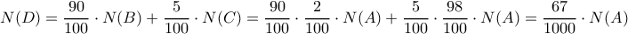 N(D)=\dfrac{90}{100}\cdot N(B)+\dfrac{5}{100}\cdot N(C)=\dfrac{90}{100}\cdot\dfrac{2}{100}\cdot N(A)+\dfrac{5}{100}\cdot \dfrac{98}{100}\cdot N(A)=\dfrac{67}{1000}\cdot N(A)