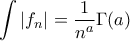 \displaystyle\int \left |f_{n}  \right |=\displaystyle\frac{1}{n^{a}}\Gamma (a)