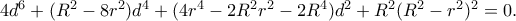 4d^6+(R^2-8r^2)d^4+(4r^4-2R^2r^2-2R^4)d^2+R^2(R^2-r^2)^2=0. 4d^6+(R^2-8r^2)d^4+(4r^4-2R^2r^2-2R^4)d^2+R^2(R^2-r^2)^2=0.