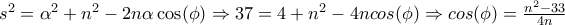 s^2=\alpha ^2+n^2-2n\alpha \cos(\phi) \Rightarrow 37=4+n^2-4ncos(\phi) \Rightarrow cos(\phi)=\frac{n^2-33}{4n}