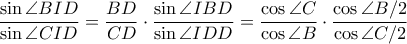 \dfrac{\sin \angle BID}{\sin \angle CID}=\dfrac{BD}{CD} \cdot \dfrac{\sin \angle IBD}{\sin \angle IDD}=\dfrac{\cos \angle C}{\cos \angle B} \cdot \dfrac{\cos \angle B/2}{\cos \angle C/2}
