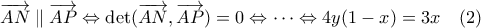\overrightarrow{AN} \parallel \overrightarrow{AP} \Leftrightarrow \det ( \overrightarrow{AN}, \overrightarrow{AP}) =0 \Leftrightarrow \dots \Leftrightarrow 4y(1-x) = 3x \quad (2)