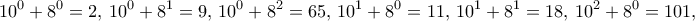\displaystyle{10^0 + 8^0=2,\, 10^0 + 8^1=9,\, 10^0 + 8^2=65,\,10^1 + 8^0=11,\, 10^1 + 8^1=18,\, 10^2 + 8^0=101,\,