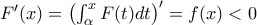 F'(x)=\left(\int_{\alpha}^{x} F(t)dt\right)'=f(x)<0