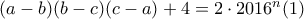 (a-b)(b-c)(c-a)+4=2\cdot 2016^n (1)