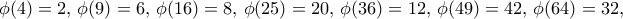 \displaystyle{\phi (4)=2, \, \phi (9)= 6, \,  \phi (16)= 8, \, \phi (25)= 20, \,  \phi (36)=12 , \,  \phi (49)= 42, \, \phi (64)=32 , \, }
