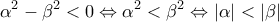 \displaystyle{\alpha^2-\beta^2<0 \Leftrightarrow \alpha^2<\beta^2 \Leftrightarrow |\alpha|<|\beta| }