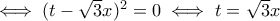 \iff (t-\sqrt{3}x)^2=0\iff t=\sqrt{3}x